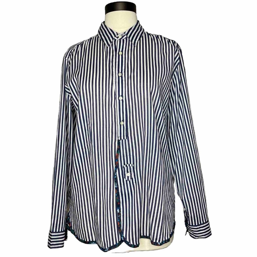 Anthropologie Blue Stripe Blouse Size S Collar Buttons Floral Holding Horses